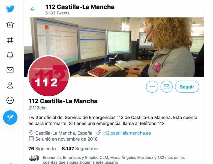 La cuenta oficial de Twitter del 1-1-2 de Castilla-La Mancha, creada para reforzar los canales de comunicación con la ciudadanía, supera los 8.000 seguidores