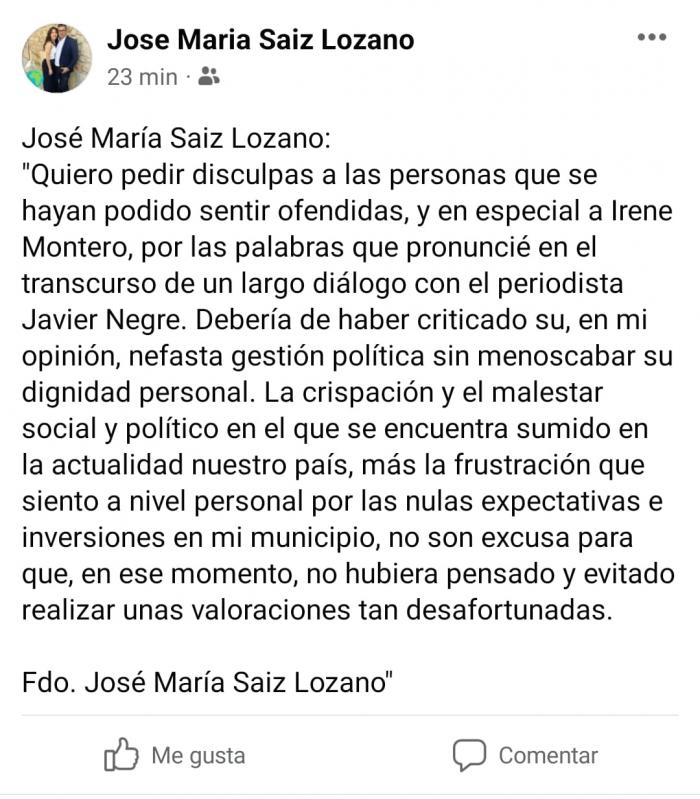 José María Saiz (PP) pide disculpas a Irene Montero por sus comentarios