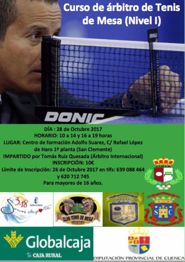 El próximo 28 de Octubre se realizará en San Clemente un curso de árbitros de Tenis de Mesa