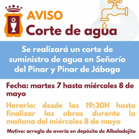 Corte de agua en Señorío del Pinar y Pinar de Jábaga debido a una avería en el depósito de Albaladejito