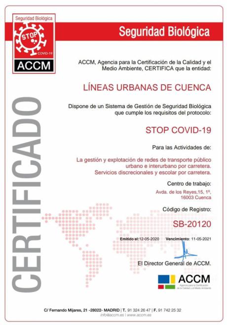 La empresa concesionaria del autobús urbano obtiene la certificación ‘STOP Covid-19’
