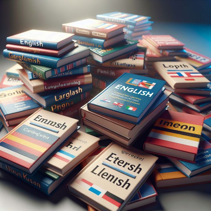 una mesa llena de libros de ingles, aleman, frances
