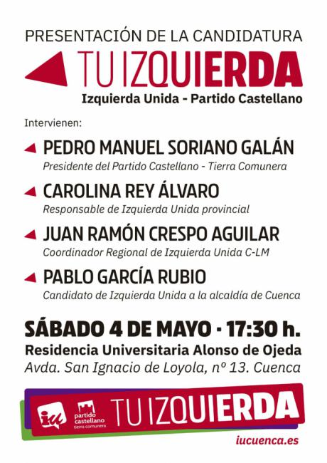 Izquierda Unida y el Partido Castellano celebran un acto público de presentación de su candidatura este sábado.