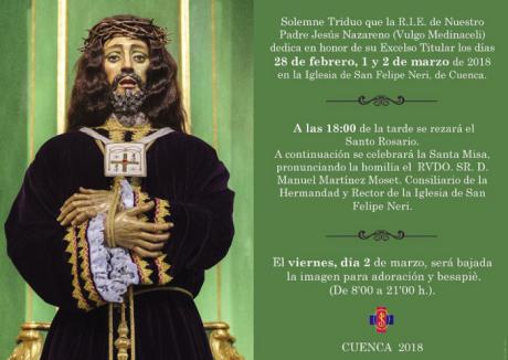 La R.I.E. de Nuestro Padre Jesús Nazareno (vulgo Medinaceli) celebra el 2 de marzo su solemne besapié a su Titular