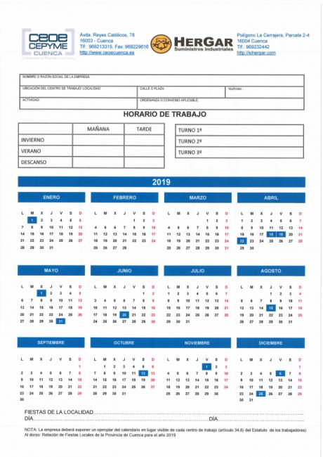 La Confederación de Empresarios envía a sus empresas el calendario laboral de 2019 en la provincia