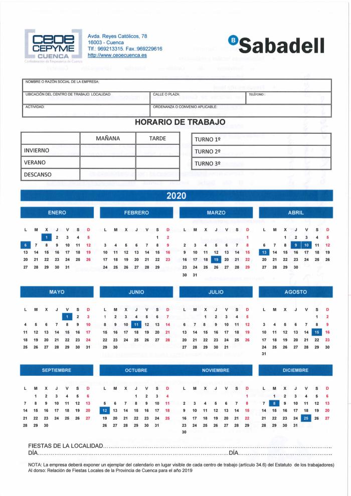 Calendario laboral de 2020