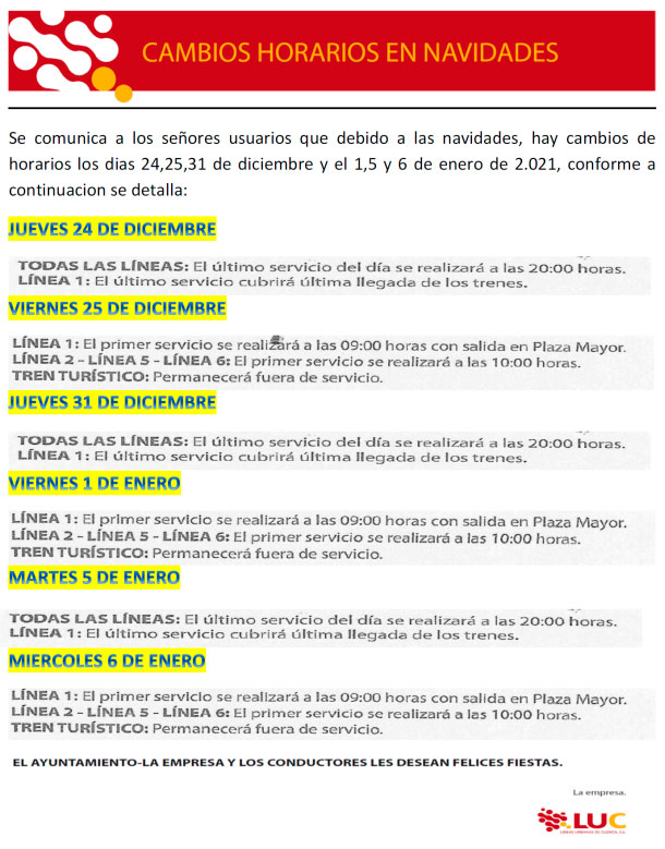 Las fiestas navideñas implican algunos cambios en los horarios del autobús urbano