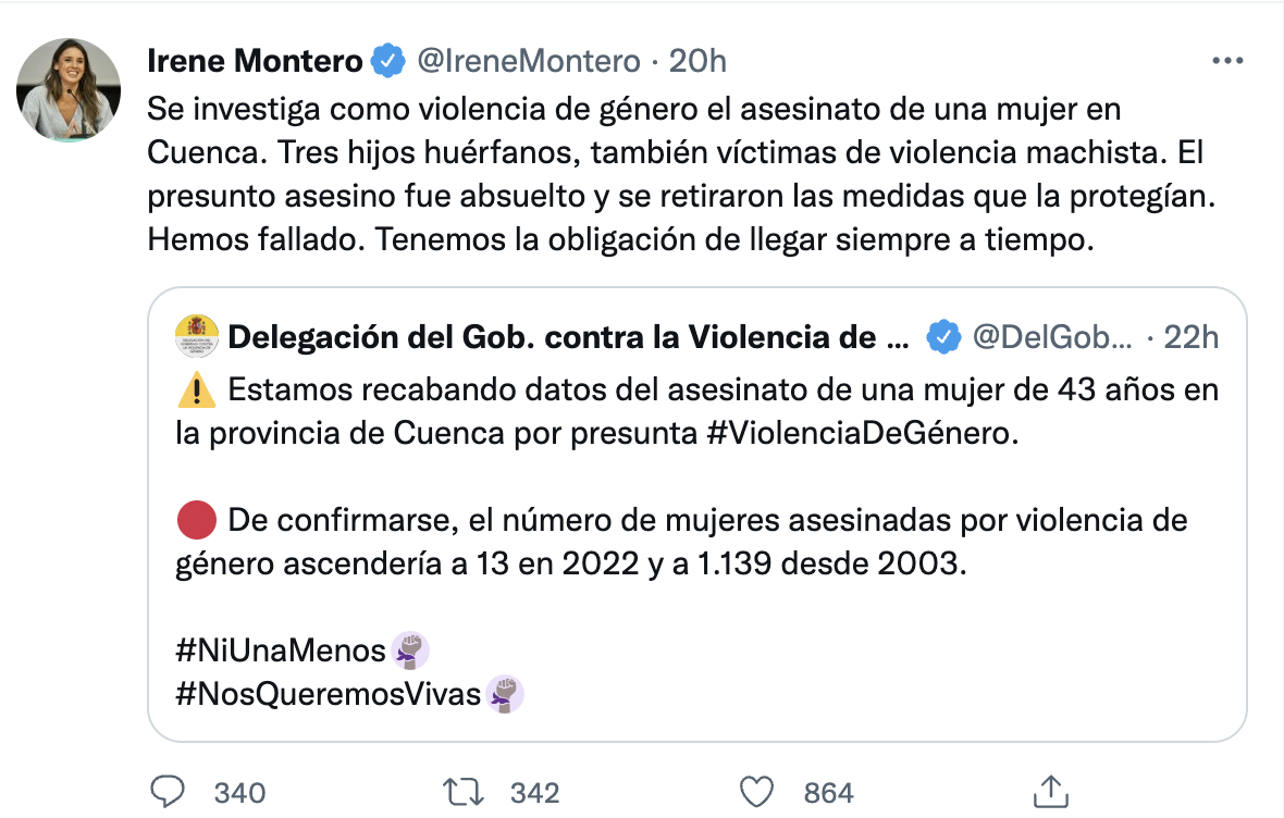 El Ministerio de Igualdad condena el asesinato por violencia de género de Tarancón