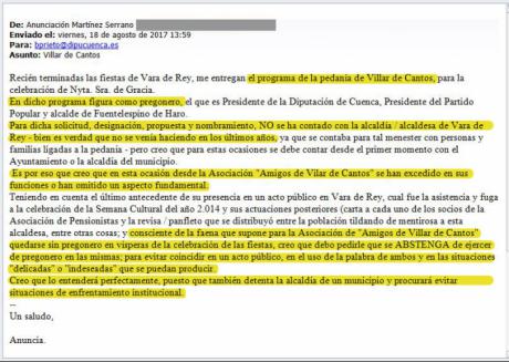 El PP denuncia el intento de veto de la alcaldesa de Vara de Rey para que Prieto no sea el pregonero de Villar de Cantos