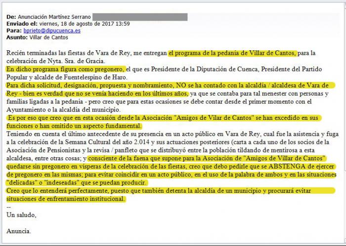 El PP denuncia el intento de veto de la alcaldesa de Vara de Rey para que Prieto no sea el pregonero de Villar de Cantos