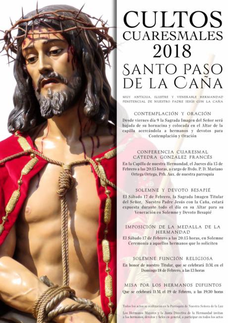 La M. A. I. V. H. P. de Nuestro Padre Jesús con la Caña celebra sus Cultos Cuaresmales hasta el 19 de febrero