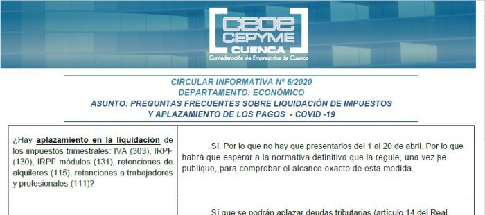 La Confederación de Empresarios informa a sus empresas sobre la liquidación de impuestos y el aplazamiento de pagos