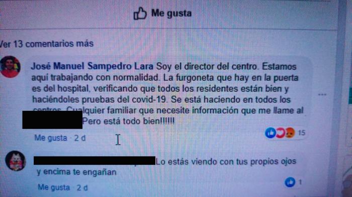 El mismo director de la residencia, en sus redes sociales, publicaba estos días que “La furgoneta que hay en la puerta es del Hospital, verificando que los residentes estén bien y haciéndoles pruebas del COVID-19”