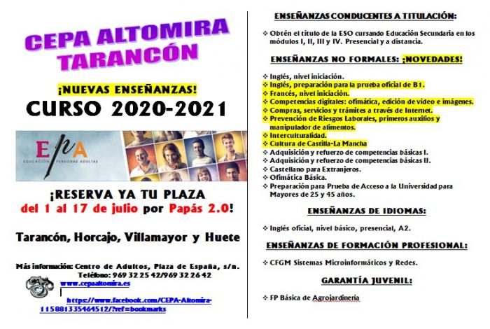 El CEPA Altomira de Tarancón abre el plazo de admisión para el curso 2020-2021 del 1 al 17 de julio