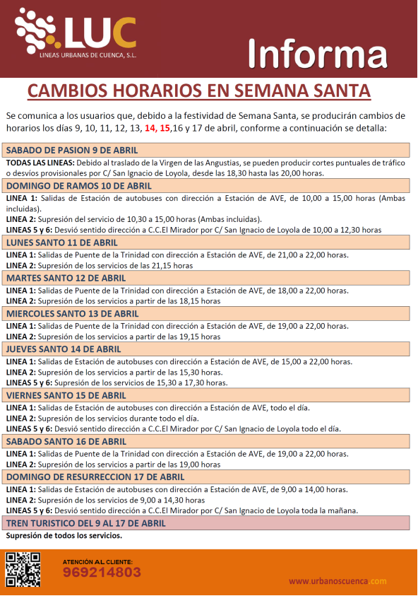 El servicio de autobús urbano modifica sus horarios durante la Semana Santa