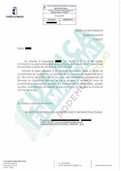 Desvelan que la Junta inició un procedimiento sancionador contra el Ayuntamiento por no cumplir la Ley de Accesibilidad