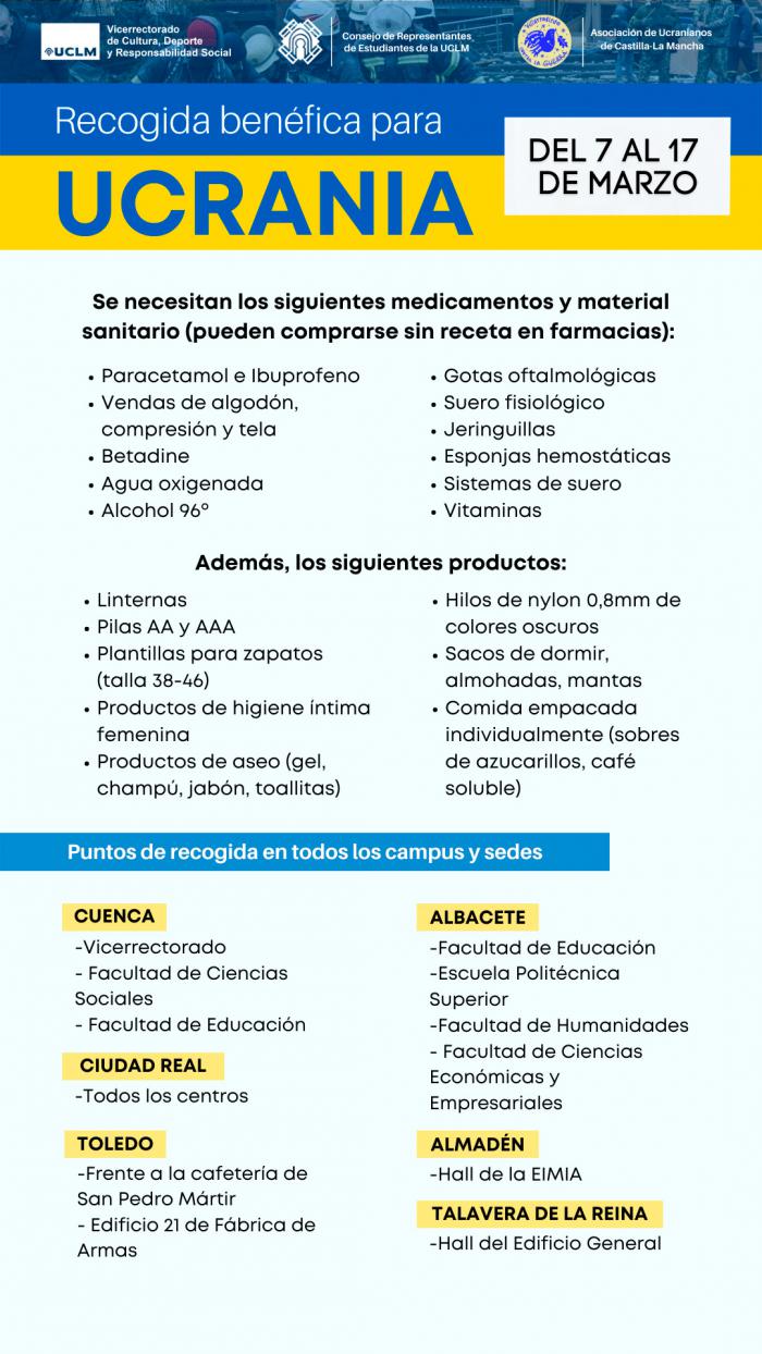 La UCLM organiza una campaña de recogida de material sanitario, medicamentos y otros productos con destino a Ucrania