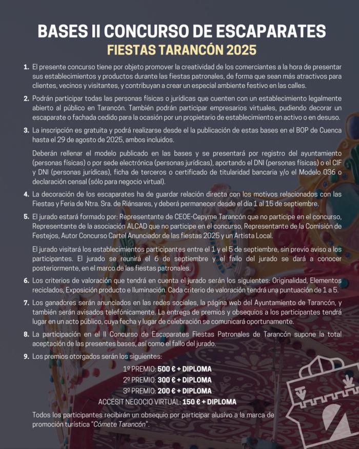 Tarancón convoca el II Concurso de Escaparates con motivo de las Fiestas Patronales 2025