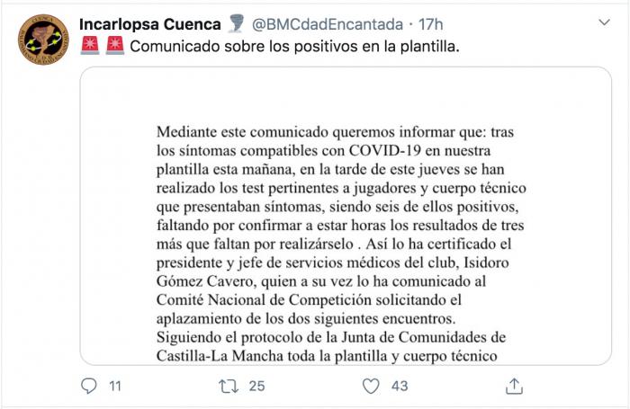 El Incarlopsa Cuenca anuncia que tiene seis jugadores con coronavirus