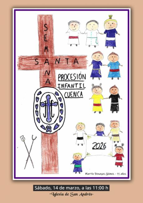 Martín Benayas, de 11 años, firma el cartel de la Procesión Infantil de Cuenca 2026