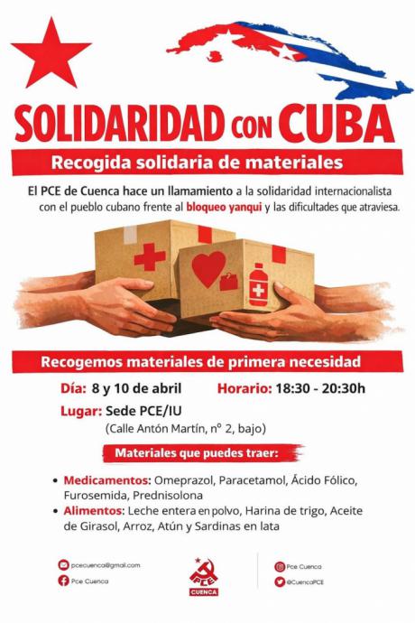 El PCE de Cuenca impulsa una recogida solidaria de alimentos y medicamentos para el pueblo cuban