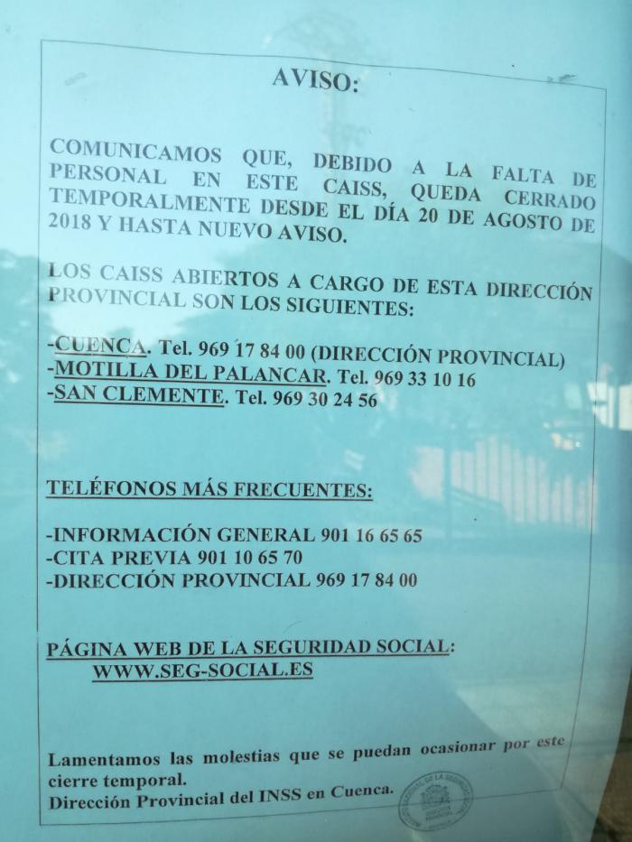 Denuncian el cierre del Centro de Atención e Información de la Seguridad Social de Tarancón por “falta de personal”