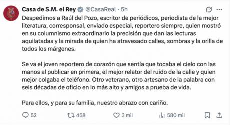 Los Reyes destacan el legado periodístico de Raúl del Pozo tras su muerte