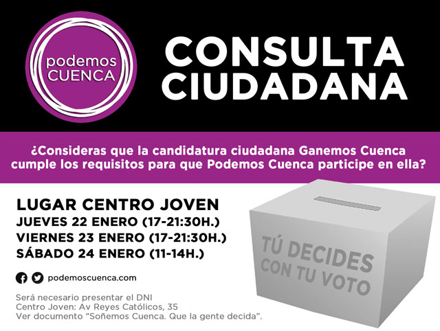 Podemos abrirá a la ciudadanía su decisión sobre si se integra o no en Ganemos Cuenca
