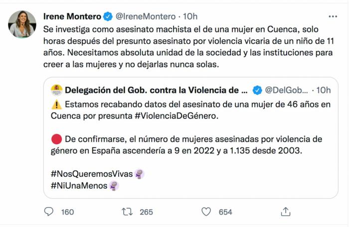 El Ministerio de Igualdad condena dos nuevos asesinatos por violencia de género en Valencia y Cuenca