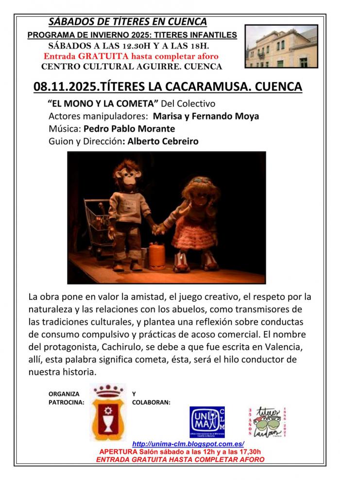 Los títeres vuelven a Cuenca este sábado con “El mono y la cometa” en el Centro Cultural Aguirre