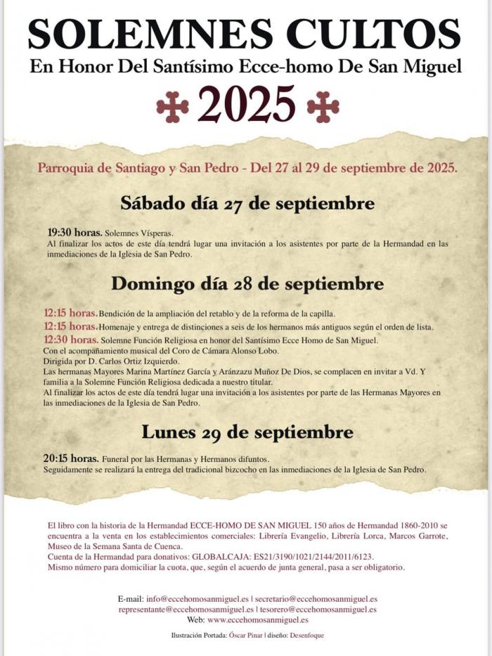La Hermandad del Santísimo Ecce-Homo de San Miguel celebra sus solemnes Cultos del 27 al 29 de septiembre